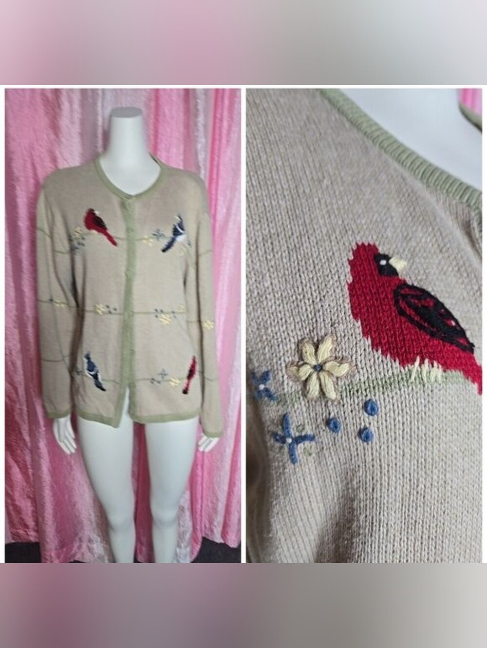 Christopher & Banks Vintage Hand Embroidered Birds Floral Cardigan Size XL
